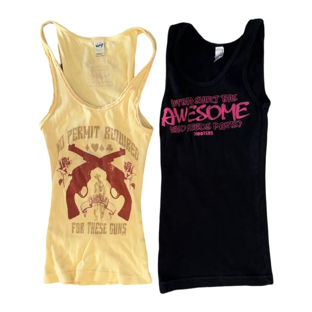 HOOTERS Yellow and Black Graphic Tank Tops